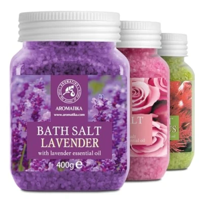 Abbildung von Bademeersalz Set 3x400g Lavendel mit Lavendelöl, Rose Absolutes ätherisches Rosenöl, Eukalyptus Eukalyptusöl Meersalz Salz Geschenkset für Guten Schlaf Stressabbau Baden Körperpflege
