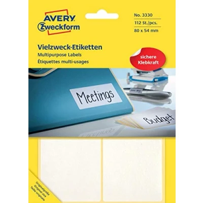 Abbildung von Avery Zweckform 3330 Haushaltsetiketten selbstklebend 112 Stück (80x54mm, 28 Bogen mit je 4 Aufklebern, Vielzweck Etiketten für Haushalt, Schule und Büro zum Beschriften Kennzeichnen) blanko, weiß