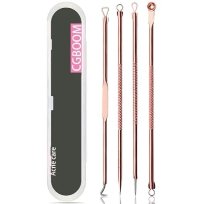 Abbildung von 4 Stück Mitesserentferner Komedonenquetscher Set, elloLife Blackhead Remover mit Box aus Edelstahl Akne Whiteheads Mitesser Entferner Kit für alle Hauttypen (Roségold)