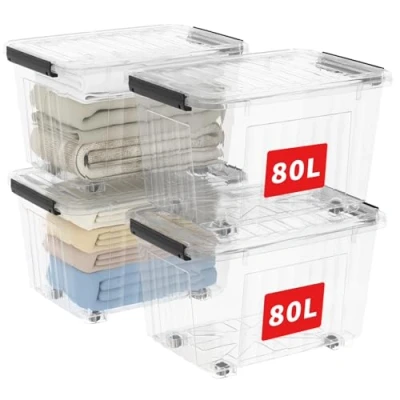 Abbildung von Cetomo,80L*4,4er Pack, Aufbewahrungsbox mit deckel,Aufbewahrungsboxen, Clips, stapelbar, Wohnzimmer, Schlafzimmer.lebensmittelecht,Verschlussclips,Neumaterial Plastik Box transparent