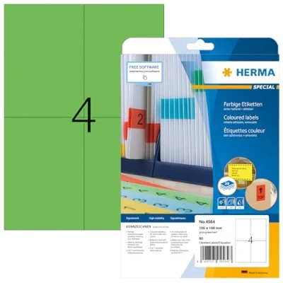 Abbildung von HERMA 4564 Farbige Etiketten grün ablösbar, 20 Blatt, 105 x 148 mm, 4 pro A4 Bogen, 80 Stück, selbstklebend, bedruckbar, matt, blanko Papier Farbetiketten Aufkleber