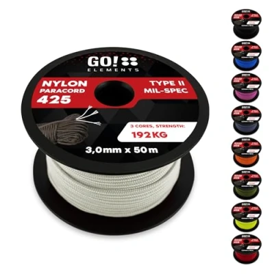 Abbildung von GO!elements 50m Paracord Seil aus reißfestem Nylon 3mm 425 Typ II max. 192kg Schnüre als Outdoor Seil, Allzweckseil, Survival Armband, Hundeleine, Nylonschnur, Farbe:Weiß