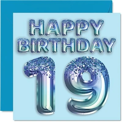 Abbildung von Geburtstagskarte zum 19. Geburtstag für Männer Blauer Glitzer Partyballon Happy Birthday Karten 19 Jahre alten Mann, Bruder, Sohn, Neffe, Onkel, 145 mm x