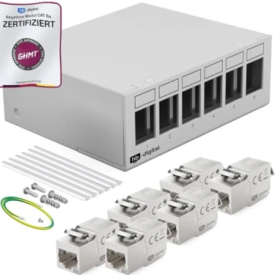 Abbildung von HB DIGITAL 6 Port Patchpanel Patchfeld Verteilerfeld 1 HE 6x CAT 6a RJ45 Keystone Jack Modul GHMT Zertifiziert vollgeschirmt STP 10 Gbps Kompatibel mit Verlegekabel Netzwerkkabel LAN Hellgrau