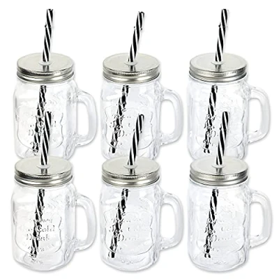 Abbildung von Schramm® 6 Stück Trinkgläser mit Deckel, Henkel und Mehrweg Strohhalm Trinkhalm wiederverwendbar (iii) in 4 Varianten wählbar Glas Gläser Trinkglas Cocktail Drinking, Farbe:Silber