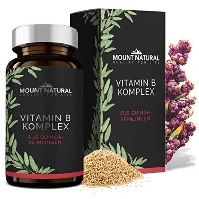 Abbildung von 100% Natürlicher Vitamin B Komplex aus Quinoa Keimlingen mit allen 8 Vitaminen (B1, B2, B3, B5, B6, B7, B9, B12) kba Qualität, 60 vegane Kapseln à 500 mg