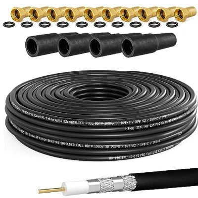 Abbildung von HB DIGITAL 30m Koaxialkabel SAT HQ135 PRO inkl. 4x Gummitüllen + 10x F Stecker vergoldet GRATIS dazu Satellit Antennenkabel 4 Fach geschirmt für DVB S/S2 C/C2 T/T2 DAB+ Radio BK Anlagen