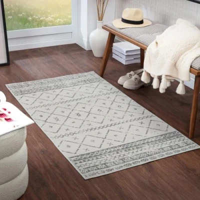 Abbildung von Surya Nagano Teppich Schlafzimmer, Wohnzimmer, Esszimmer, Flur Moderne Boho Geometrisches Muster Weicher Skandinavisch Wohnzimmerteppich Grau, Creme Carpet 140x200cm Groß