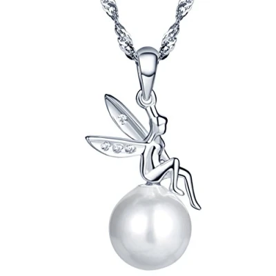 Abbildung von Yumilok 925 Sterling Silber Perle Eleganter Engel Charm Anhänger Halskette Kette mit für Damen Mädchen