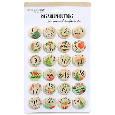 Abbildung von Papierdrachen 24 Adventskalender Zahlen Buttons 35mm Anstecknadeln zum Dekorieren von Adventskalendern mit 1 Watercolor Ideal für Stoffsäckchen, Tüten und Beutel