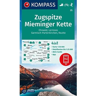 Abbildung von KOMPASS Wanderkarte 25 Zugspitze, Mieminger Kette, Ehrwald, Lermoos, Garmisch Partenkirchen, Reutte 1:50.000: 4in1 Wanderkarte, mit Aktiv Guide und ... in der App. Fahrradfahren. Skitouren.