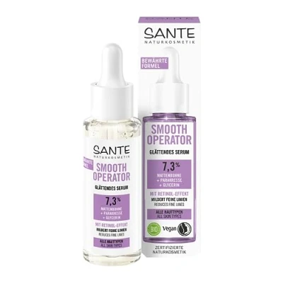 Abbildung von SANTE Naturkosmetik Glättendes Serum Mit Retinol Effekt, Gesichtsserum gegen erste Falten und Linien, pflanzlichem Wirkstoff, Smooth Operator Serum, 30 ml