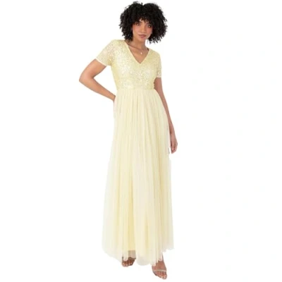 Abbildung von Maya Deluxe Damen Ballkleid Abendkleid V Ausschnitt Maxi Länge Pailletten Kurze Ärmel Für Hochzeit Geburtstag Brautjungfer Bridesmaid Dress, Zitronengelb, 42 EU