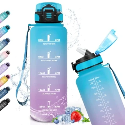 Abbildung von Trinkflasche, Trinkflasche 1,5 Liter, Sport mit Strohhalm, Fitnessstudio Zeitmarkierung, Sport, Kohlensäure Geeignet, für Camping, Gym, Running