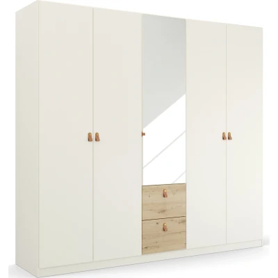 Abbildung von Rauch Möbel Homey by Quadra Spin Schrank Drehtürenschrank, Weiß/Eiche Artisan, Holz, 5 trg. mit Spiegel, inkl. 3 Kleiderstangen, Einlegeböden, 2 Schubladen, Griffe Lederlasche, BxHxT 226x210x54 cm