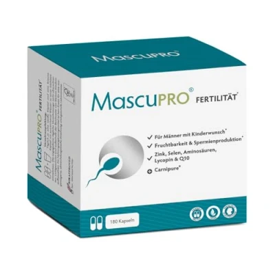 Abbildung von MascuPRO® Fertilität Mann bei Kinderwunsch Fruchtbarkeit Spermienproduktion 180 Kapseln Zink, Selen, Q10, L Carnitin, Arginin Vitamine