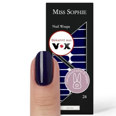 Abbildung von Original Miss Sophie Nagelfolien Night Sky I 24 ultra dünne Nagellack Streifen einfarbig in Blau Für Finger &amp; Fußnägel Hält auf Natur sowie lackierten, Acryl , Gel Shellac Nägeln
