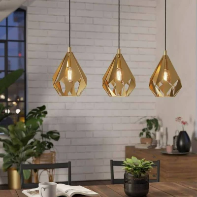 Abbildung von EGLO Pendellampe Carlton, 3 flammige Pendelleuchte über Esstisch, Hängeleuchte im Retro Design aus Metall in Gold, Hängelampe mit E27 Fassung, L 80,5 cm