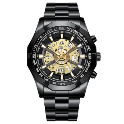 Abbildung von JewelryWe Herrenuhr Edelstahl Leuchtend Uhr: 30m Wasserdicht Kalender Analog Quarz Armbanduhr Herren Schwarz Edelstahlband Imitation Mechanische Skelett Uhr mit Achteckig Lünette &amp; Gold Leuchtzeiger