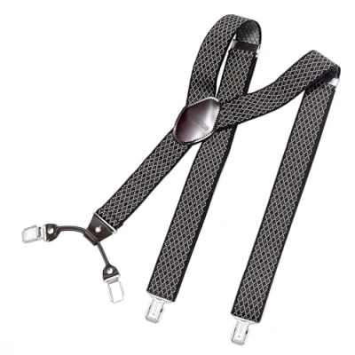 Abbildung von DonDon Hosenträger Herren extra stark 3,5 cm breit mit 4 Clips in Y Form und braunem Leder Patch, schwarz braun kariert