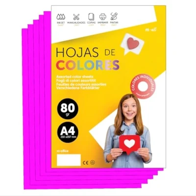 Abbildung von Buntes Papier A4 80g für Drucker &amp; Basteln, Farbige Blätter Kinder, Kreativprojekte, Karten Schule M office (100 Blatt, Neonrosa)