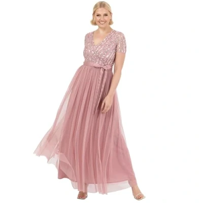 Abbildung von Maya Deluxe Damen Maxi Dress for Women Ladies Bridesmaid V Neck Ball Gown Short Sleeves Long Elegant Empire Waist Wedding Brautjungfernkleid, Vinatge Rose, 42