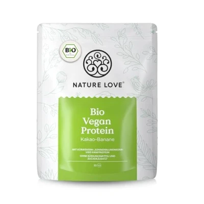 Abbildung von NATURE LOVE® Bio Vegan Proteinpulver Kakao Banane 1kg Mehrkomponenten Protein ohne Süßungsmittel aus Kürbis und Sonnenblumenkernen enthält 8 essenzielle Aminosäuren