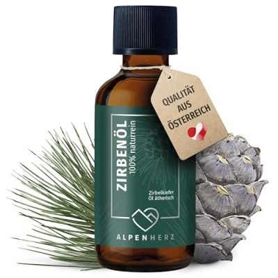 Abbildung von ALPEN HERZ Zirbenöl 50 ml 100% naturrein, ätherisches Zirbelkieferöl aus Österreich für Duftöl Raumduft Duftlampe Zirbenwürfel Diffuser Zirbe Lufterfrischer Zirbelkiefer Öl Geschenke
