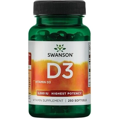 Abbildung von Swanson Vitamin D3 125mcg (5000 IU), Depot, alle 5 Tage 1 Kapsel, 250 Weichkapseln, hochdosiert, Laborgeprüft, Sojafrei, Glutenfrei, Ohne Gentechnik