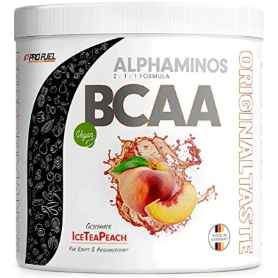 Abbildung von BCAA Pulver 300g Ice Tea Peach, TESTSIEGER Alphaminos 2:1:1 Drink, unfassbar leckerer Geschmack, Essentielle Aminosäuren Leucin, Isoleucin &amp; Valin, 100% vegan Top Löslichkeit Laborgeprüft