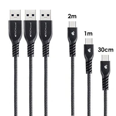Abbildung von TECHGEAR USB C Kabel Typ [3 Kabel] Nylon geflochtene Schnur Ladekabel, Synchronisation für Samsung Tab A8 10,5 S8, Active Pro, S7/S6 Lite/S7 FE, Lenovo M10 HD, Schwarz
