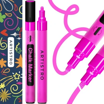 Abbildung von Artistro 2 Rosa Neon Kreidemarker radierbare Kreidestifte mit 3 mm wendbarer Spitze für Tafel, Kreidetafel, Autofenster, Glas Flüssigkreide Marker, ideal Kinder und Erwachsene, Restaurants