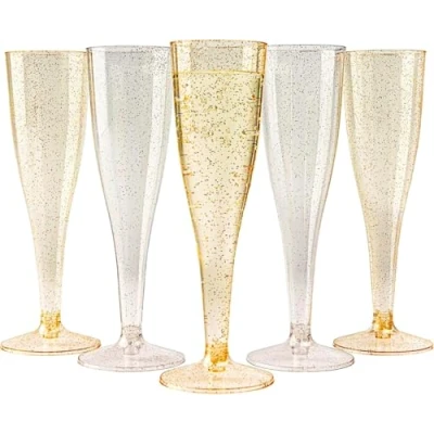 Abbildung von MATANA 48 Premium Elegante Sektgläser aus Plastik mit Silber &amp; Goldglitter, 133ml Mehrweg Sektflöten Kunststoff, Champagner Gläser, Proseccogläser für Hochzeiten, Geburtstage Partys