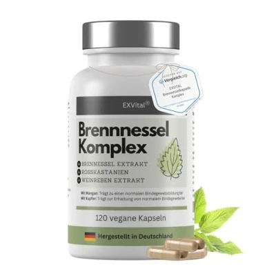 Abbildung von EXVital Brennnessel Kapseln Komplex mit Weinreben &amp; Rosskastanien Extrakt, 800mg Extrakt pro Tag, 120 vegane Kapseln, Clever Mangan Kupfer, vegan ohne Zusätze