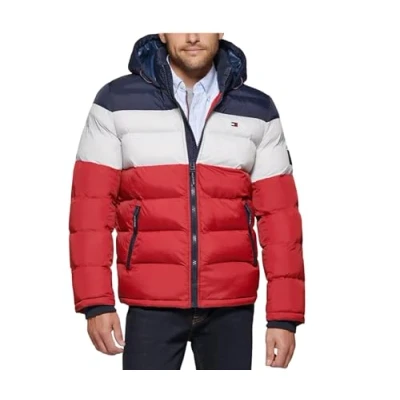 Abbildung von Tommy Hilfiger Herren Hooded Puffer Jacket Daunenoberbekleidung, Midnight/White/Red, XXL