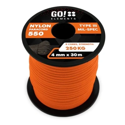 Abbildung von GO!elements 30m Paracord Seil aus reißfester Nylonschnur 4mm 550 Typ III Schnur Allzweckseil &amp; Reepschnur Max. 250kg, Farbe:Orange