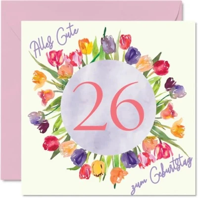 Abbildung von 26. Geburtstagskarte für Frauen Aquarell Tulpen Blumen Strauß Alles Gute zum Geburtstagskarten 26 Jährige Frau Tochter Tante, 145mm Sechsundzwanzig Geburtstag Grußkarten