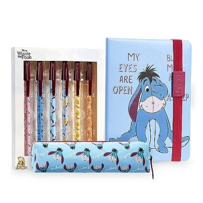 Abbildung von Disney 3 Teiliges Stationery Set, Schreibwaren Set mit Notitzheft A5, 6 Kugelschreibern und Federmäppchen, Geschenke für Jungen Mädchen, Eeyore Druck