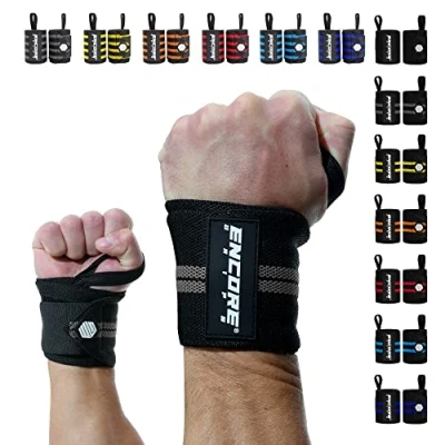 Abbildung von Encore Grips® Handgelenk Bandagen für Bodybuilding, Kraftsport, Crossfit, krafttraining Bandage, Handgelenkbandage Fitness, Handgelenkstütze, Handgelenkschoner, Wrist Wraps (Schwarz Grau V1)