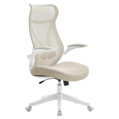 Abbildung von SONGMICS Bürostuhl, Schreibtischstuhl, ergonomische Rückenlehne, höhenverstellbar, hochklappbare Armlehnen, Drehstuhl mit Kopfstütze, bis 150 kg belastbar, cappuccinobeige OBN088K01