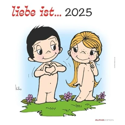Abbildung von Alpha Edition liebe ist...2025 Wandkalender, 30x34cm, Bildkalender mit schönen Sprüchen und Illustrationen, Mondphasen