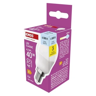 Abbildung von EMOS LED Lampe Mini Globe, 4,2W Ersatz für 40W Glühbirne, kleine Birne mit E14 Sockel, Helligkeit 470 lm, Kaltweiß 6500 K, 30000 h Lebensdauer, CRI min. 80, 150 Abstrahlwinkel