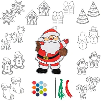 Abbildung von THE TWIDDLERS 20 Stück Weihnachten Sonnenfänger Kit 10 Suncatchers zum Malen &amp; Dekorieren, 9 Farben, 1 Pinsel Basteln für Kinder