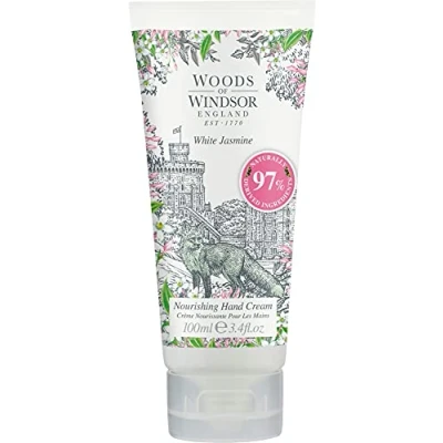 Abbildung von Woods of Windsor Handcreme, pflegende Jasmin Handcreme für Männer und Frauen, feuchtigkeitsspendende mit Vitamin E Sheabutter, weißer Jasminduft, 100 ml