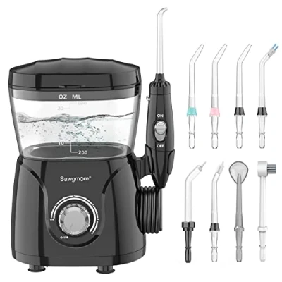 Abbildung von Sawgmore Elektrische Munddusche mit 10 Druckstufen und 8 Düsen，Professional Waterflosser für Zanreinigung，600ML Wassertank, Perfekt die Familie