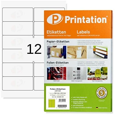 Abbildung von Printation 99,1 x 42,3 mm wasserfeste Folienetiketten 120 Etiketten wasserfest selbstklebend matt weiß 12 Aufkleber pro A4 Bogen 2x6 /10 Blatt Klebeetiketten 99,1x42,3 Laser Drucker bedruckbar