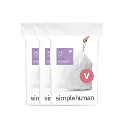 Abbildung von simplehuman CW0408 Code V passgenaue Müllbeutel, 3 x Packung mit 20 (60 Müllbeutel), weißer Kunststoff