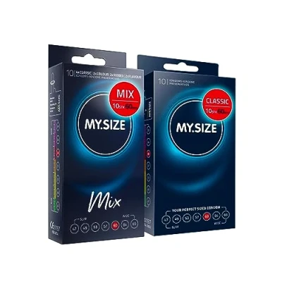 Abbildung von MY.SIZE Mix SET Größe 5, 60 mm: 10 Classic Kondome + in 4 aufregenden Sorten, mit Aroma, Farbe, Genoppt &amp;