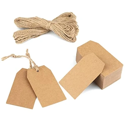 Abbildung von jijAcraft Geschenkanhänger Kraftpapier Anhänger Etiketten 7x4 cm, 100 Stück Tags und 20 Meter Juteschnur, für Basteln Weihnachts Hochzeits Geschenke (Braun)