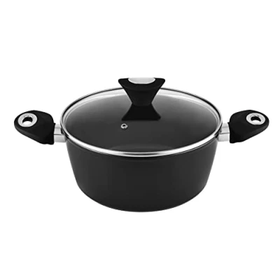 Abbildung von Venga! Kochtopf mit 24 cm Durchmesser, 4,1 l Fassungsvermögen, Antihaftbeschichtung, spülmaschinenfest, Turbo Induktionsboden, ergonomische Soft Touch Griffe, schwarz/silber, VG POT 3001